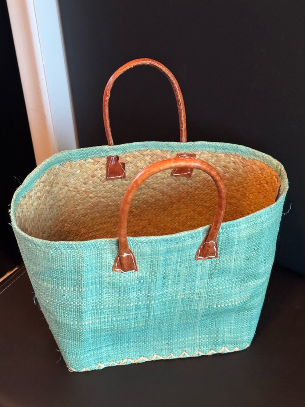 Turquoise Woven Tote with Brown Leather Handles